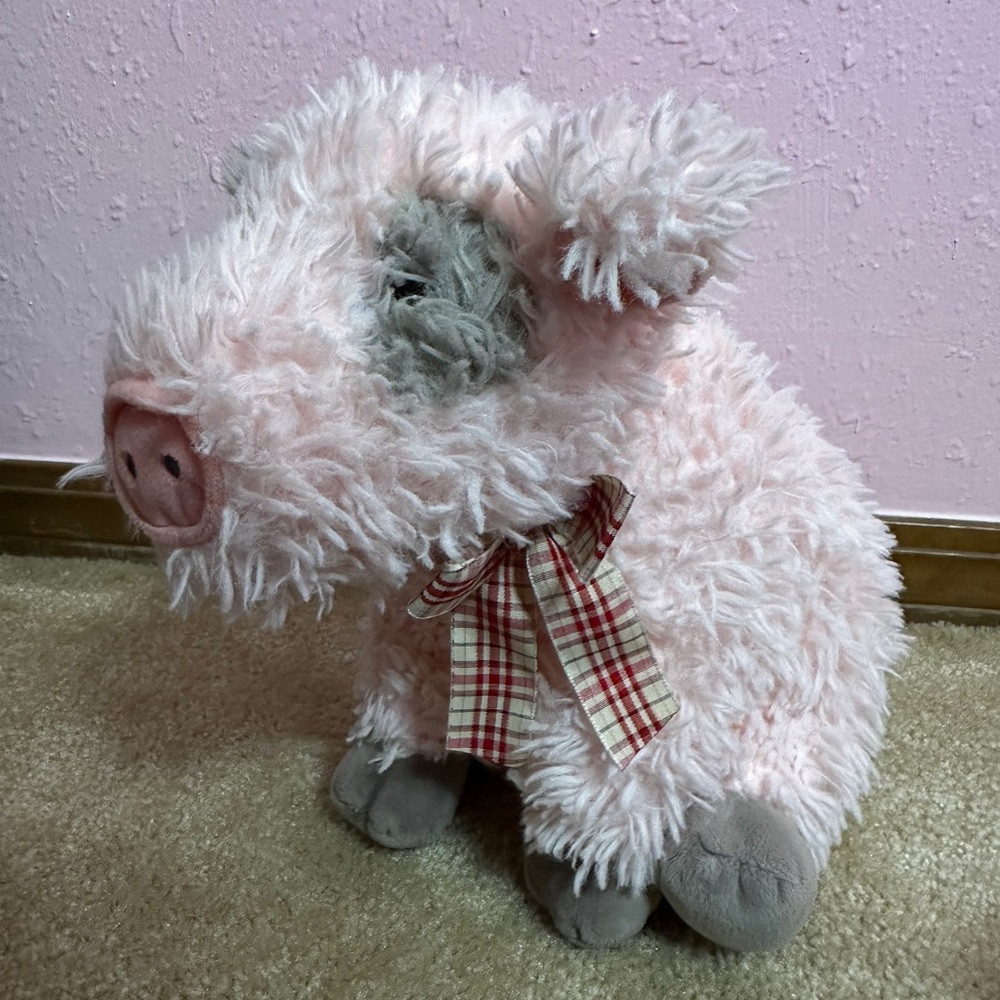 Walmart Plush Pig Pink & Gray Stuffed Animal Red Plaid Bow 11" Sitting